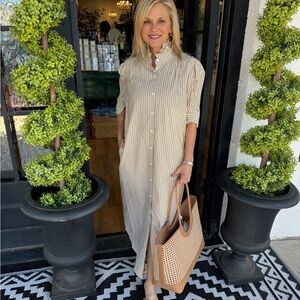 NWT Adrienne Nina Pinstripe Dress with Ruffled Collar in Olive Large